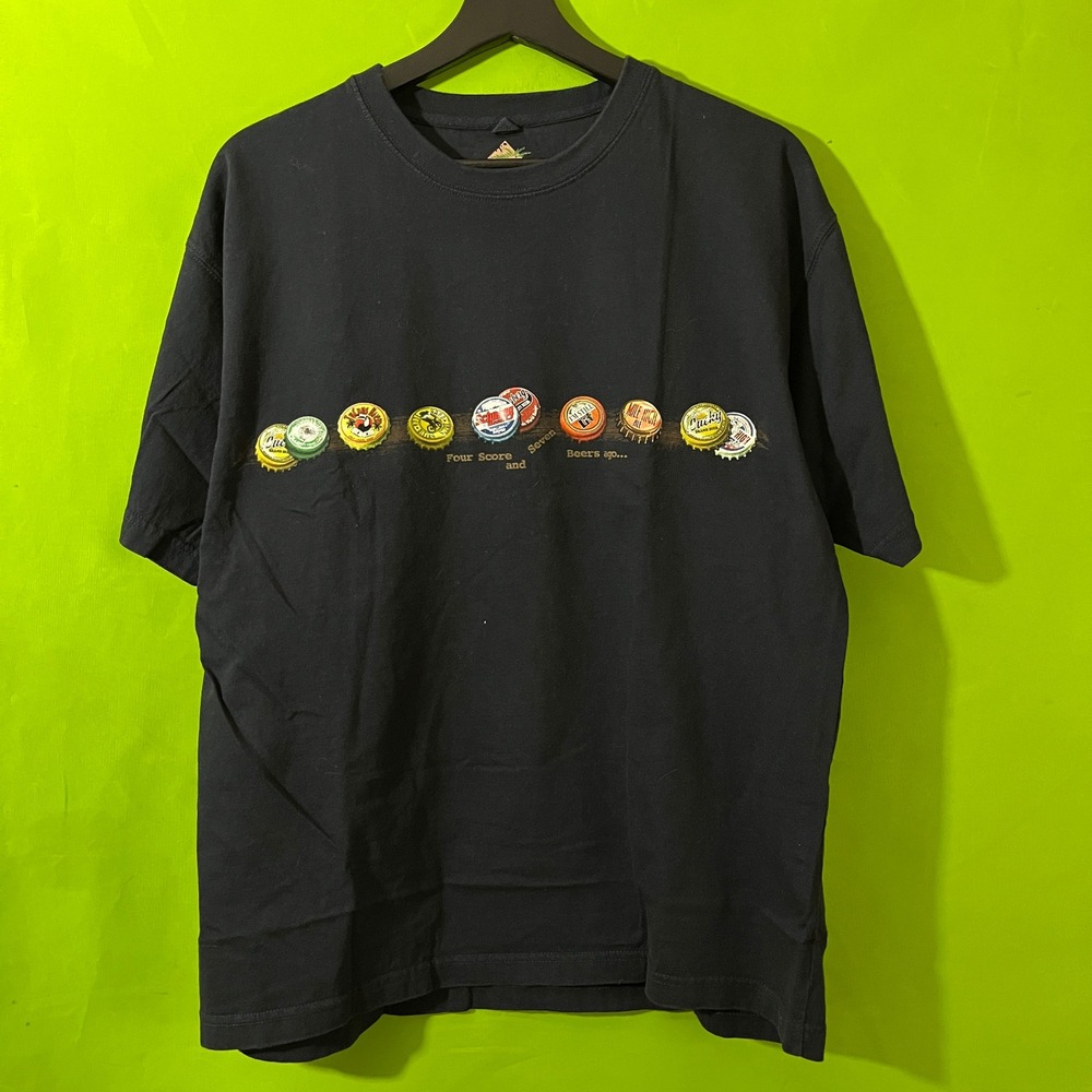 Newport Blue Mens Large Black Beer Bottle Cap Graphic Tee Four Score Seven Beers